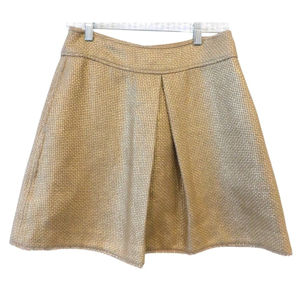 Banana Republic Gold Tweed Inverted-Pleat Skirt Women Sz 4 Pockets Basket Weave